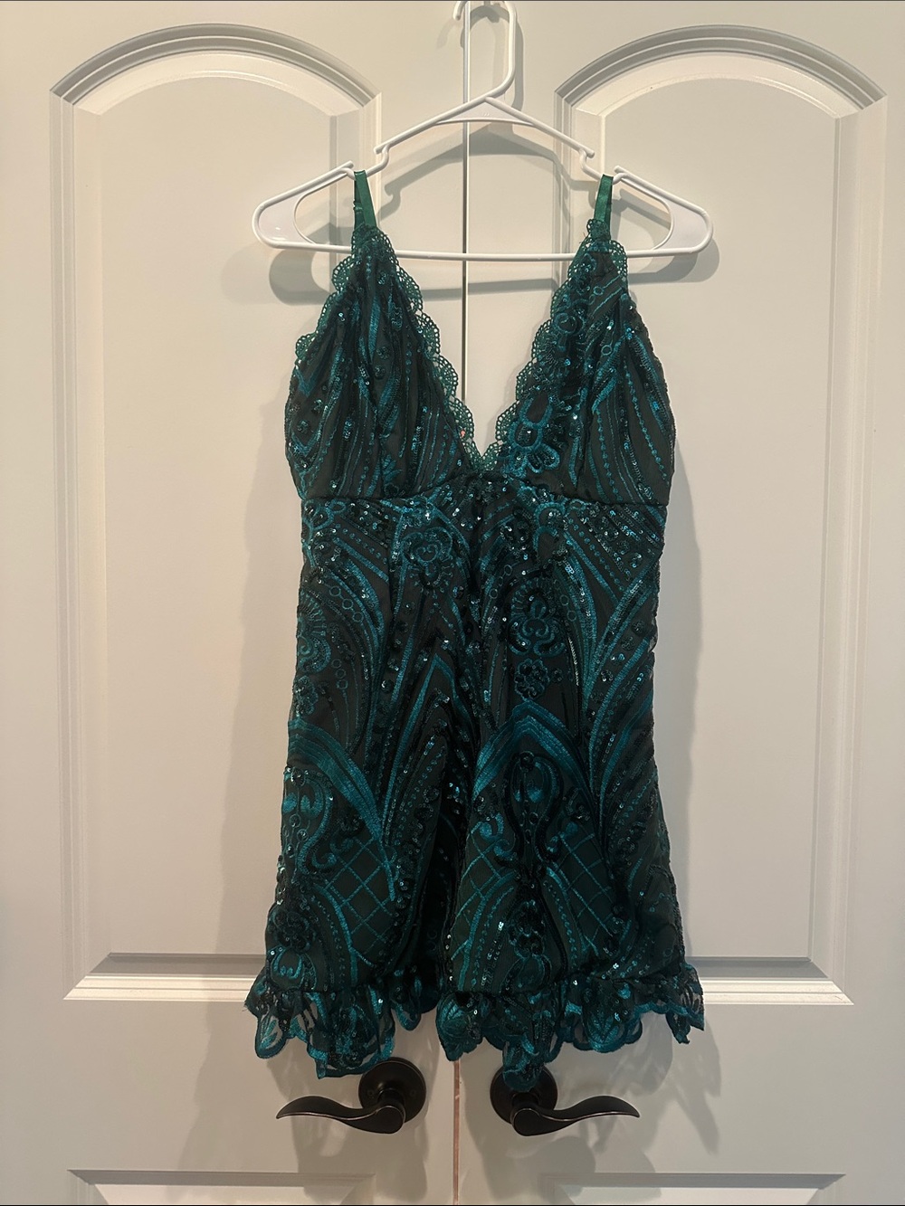 Teal Sequin Lace V-Neck Romper